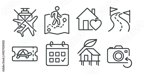 Line style icons of slow travel: train over plane symbol, walkable map icon, home stay badge, local culture route, unhurried visit pass, slow trip calendar, eco lodging sketch, no-rush photo.