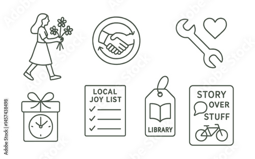 Line style icons of low-impact joy: pick flowers walk, trade not buy badge, repair as care icon, gift of time symbol, local joy list, book from library tag, cook for someone board, story over stuff