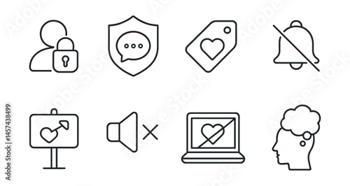 Line style icons of social media safety: private account icon, safe comments badge, kind reply tag, limit notification sign, share responsibly board, mute and block icons, screen respect symbol,