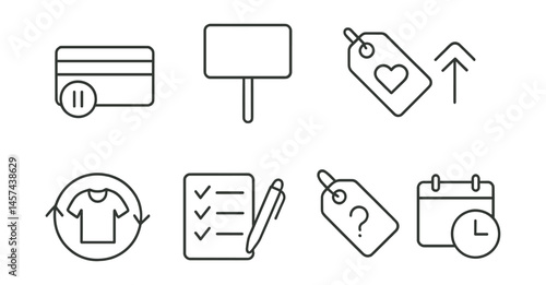 Line style icons of mindful shopping habits: pause before buy card, “do I need this” sign, value-based choice icon, no impulse tag, secondhand first badge, shopping with list card, ask why label,
