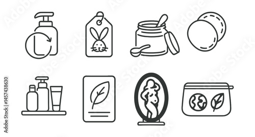 Line style icons of ethical beauty and hygiene: refillable container icon, cruelty-free tag, DIY skincare jar, reusable cotton pad, minimal product shelf, natural ingredients card, body-positive