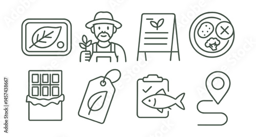 Line style icons of ethical food choices: plant-based tray, local farmer icon, seasonal menu board, no waste meal badge, ethical chocolate bar, clean label tag, sustainable fish guide, food origin