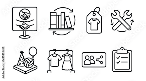 Line style icons of shared and borrowed culture: “don’t buy alone” board, book swap shelf, clothing library tag, tool share symbol, event item pool, community closet rack, co-use plan card,