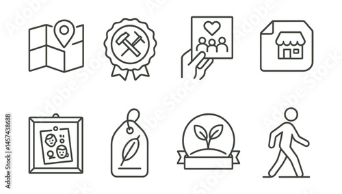 Line style icons of local-first youth habits: nearby shop map, handmade in town label, support local event flyer, small brand highlight icon, friends who make board, regional culture tag, local