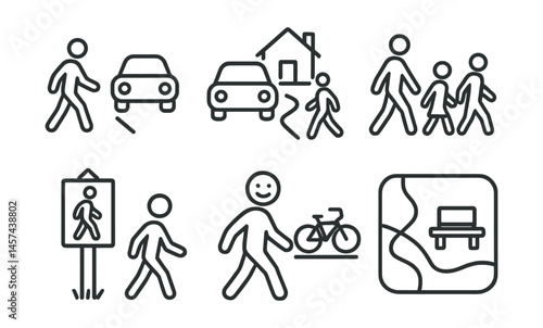 Line style icons of slow and soft movement: pedestrian priority path, traffic-calmed street, walking school bus icon, rest-stop trail marker, joy-walk route, bike at your pace zone, soft edges map,
