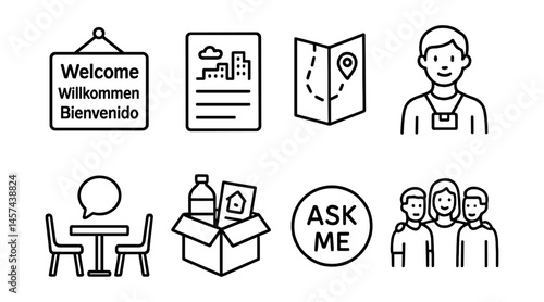 Line style icons of welcome for newcomers: multilingual welcome board, city basics card, free map flyer, first week helper icon, community table invite, public space starter kit, “ask me” button,
