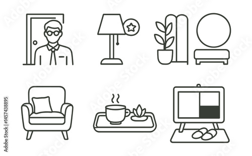 Line style icons of quiet and calm space: teacher-only lounge icon, soft light room symbol, quiet pause sign, comfy corner chair, tea + calm tray, plants in staff room, calm color space board, shoes