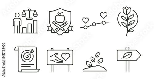 Line style icons of long-term teacher care: career with balance graph, teaching legacy badge, health-first timeline, “grow with grace” symbol, long game mindset sheet, care beyond school hours board,