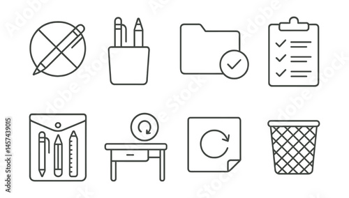Line style icons of decluttered learning tools: one pen rule icon, clean pencil tray, necessary only folder, mindful supplies checklist, simplified material pack, student desk audit card, reset your
