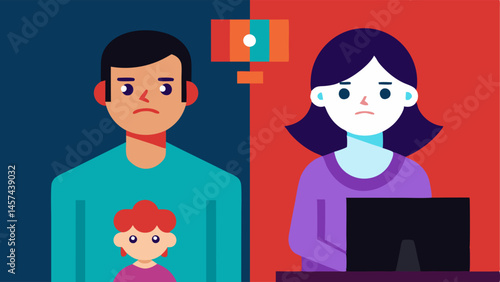 Broken Relationships A splitscreen where one side shows a gamer focused on their screen and the other side features family members looking disappointed and concerned