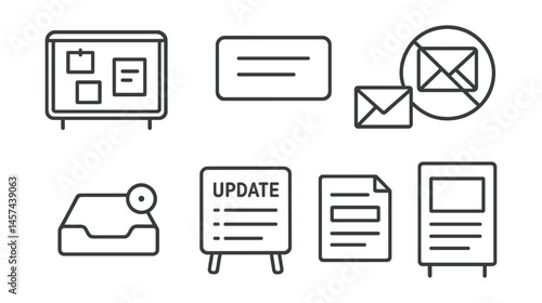 Line style icons of minimalist school communication: one notice board, clear font sign, short message card, no spam alert icon, focus-only inbox badge, weekly update board, essential info highlight,