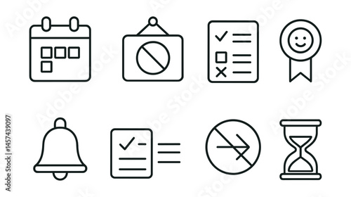 Line style icons of time and attention simplicity: time block calendar, distraction-free zone board, now/not now list icon, break with presence badge, mindful bell cue, do one thing reminder, no rush