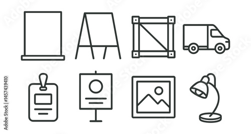 Line style icons of pop-up exhibitions: temporary wall panel, folding stand icon, transport crate, mobile gallery van, short-term pass, “one day only” poster, quick mount frame, portable spotlight.