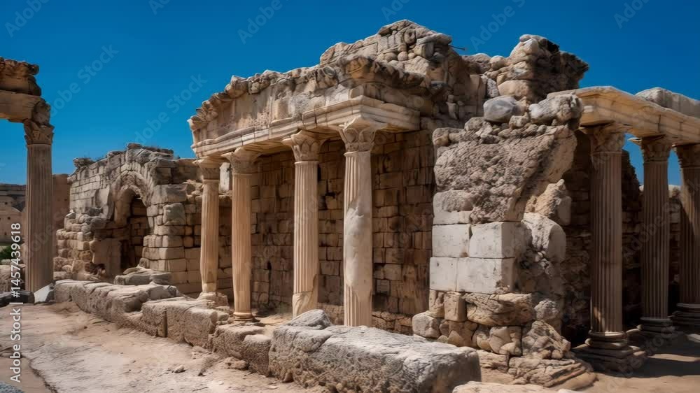 Ancient stone ruins with Doric columns against clear blue sky, depicting historical heritage and architectural grandeur in outdoor landscape. Ancient stone ruins with Doric columns against clear blue sky, depicting historical heritage and architectural grandeur in outdoor landscape.