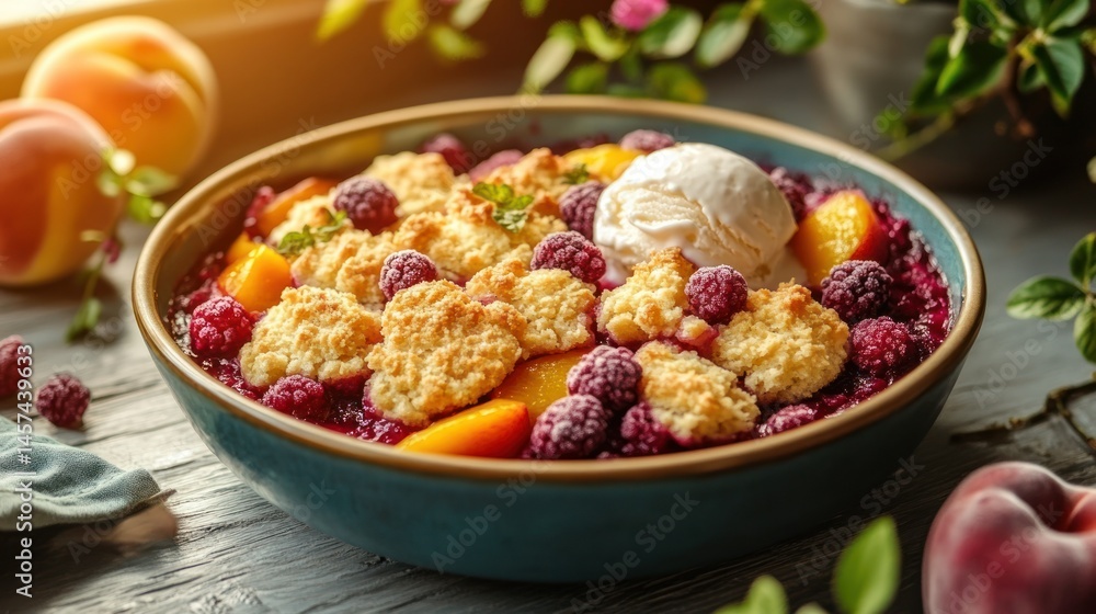 Peach and raspberry crumble dessert with vanilla ice cream Peach and raspberry crumble dessert with vanilla ice cream