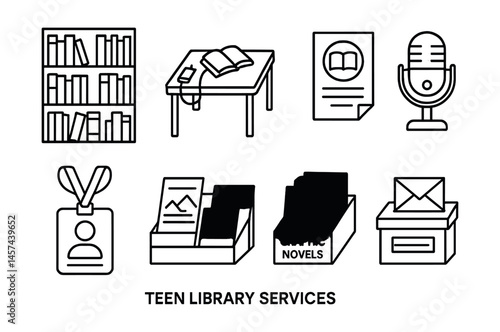 Line style icons of teen library services: young adult fiction shelf, study table with charger, book club flyer, library podcast mic, teen volunteer badge, zine rack icon, graphic novels tray,