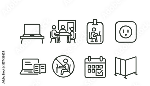 Line style icons of study and workspaces: laptop on table, group study room icon, individual booth badge, outlet symbol, open laptop with notes, silent work area sign, booked room calendar, focus