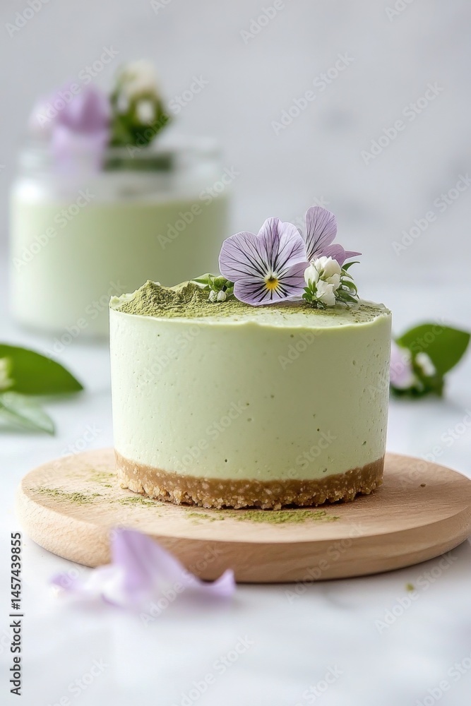 Green dessert cake with crust base resting on wood serving plate. White table and jar background with flower decorations for sweet delicious treat.