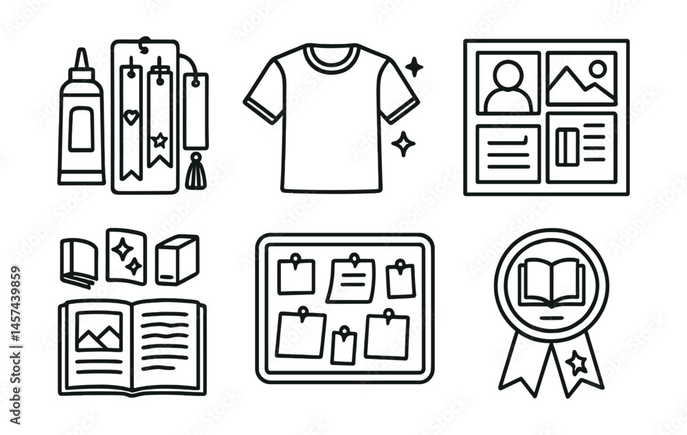Line style icons of creative add-ons: DIY bookmark set, club T-shirt icon, illustrated reading log, photo collage from meetings, book-themed stickers, member-made zine, memory wall board, end-of-year