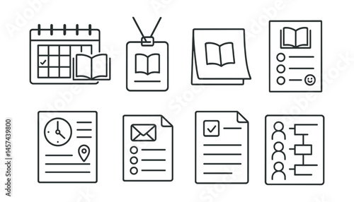 Line style icons of book club organization: monthly reading plan, facilitator badge, “next book” post-it, feedback form icon, time and place flyer, club email list, RSVP checkbox, role assignment