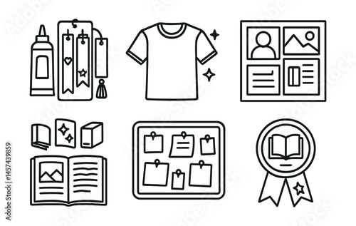 Line style icons of creative add-ons: DIY bookmark set, club T-shirt icon, illustrated reading log, photo collage from meetings, book-themed stickers, member-made zine, memory wall board, end-of-year