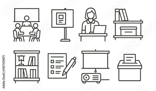 Line style icons of library-hosted clubs: library meeting room icon, flyer on public board, librarian as host, books-on-hold shelf, club display case, sign-up form on desk, projector and screen setup