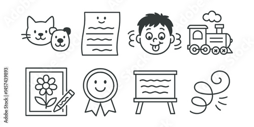 Line style icons of poetry for children: rhyme pair animals, playful stanza sheet, silly verse icon, rhyme train board, poem coloring card, fun meter badge, classroom poem of day, imagination line