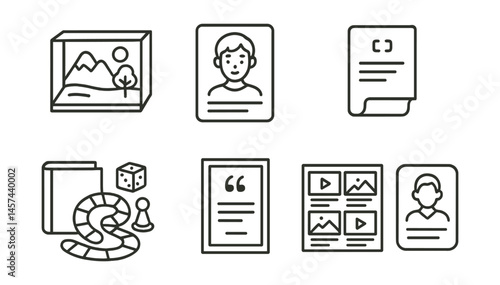 Line style icons of student literary projects: diorama of scene, illustrated character file, script adaptation page, dramatic reading icon, novel board game, quote poster, book trailer storyboards,