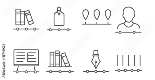 Line style icons of literary timelines: timeline line with books, century tag card, literary era markers, author birth-death chart, period overview board, chronological bookshelf, writing style