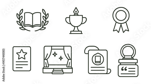 Line style icons of literary awards and honors: laurel wreath book, prize trophy with pen, finalist ribbon tag, shortlisted icon, award night stage, recognition scroll, book seal stamp, winning quote