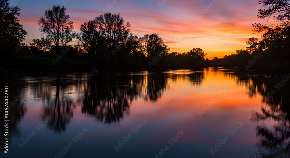 Fototapeta premium Picturesque River Reflecting Vivid Sunset Silhouetted Trees Tranquil Scenery