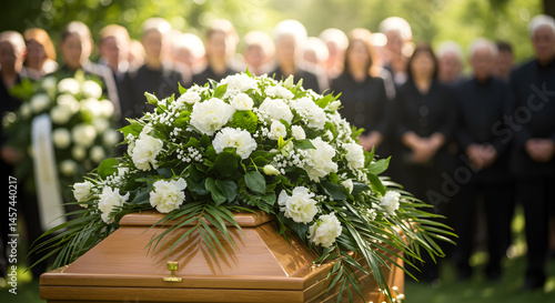 Wooden Casket Adorned with White Floral Arrangements At Funeral Service Blurred Mourners with a Somber Outdoor Gathering