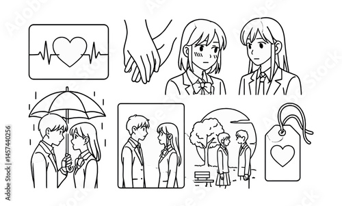 Line style icons of anime love stories: heart beat panel, hand graze frame, blushing side glance, first confession board, umbrella-sharing icon, romantic pause background, sunset moment panel, shared