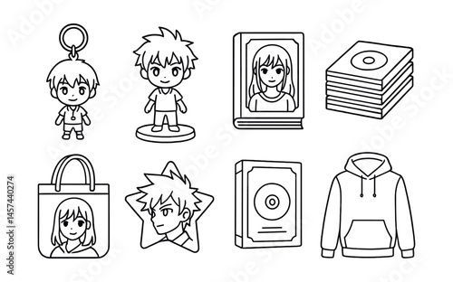 Line style icons of anime merchandise: chibi keychain, collector figure stand, artbook cover icon, Blu-ray case stack, character-themed bag, enamel pin badge, limited edition DVD, anime hoodie