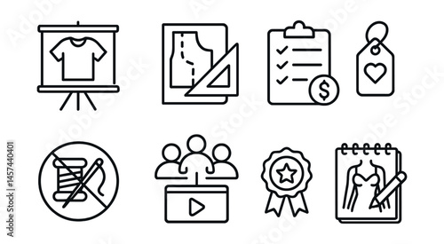 Line style icons of beginner cosplay tips: “start simple” board, easy pattern page, budget build checklist, thrift item tag, glue instead of sew sign, community tutorial icon, “ask for help” badge,