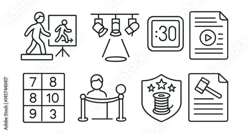 Line style icons of cosplay competition prep: walk-on rehearsal board, stage lighting plan, time limit countdown, performance script page, scorecard sheet, pre-judging zone icon, craftsmanship badge,