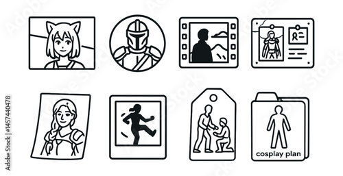 Line style icons of cosplay inspiration sources: anime screenshot panel, game character icon, movie reference frame, concept art board, fan art sketch, scene pose snapshot, story moment tag, cosplay