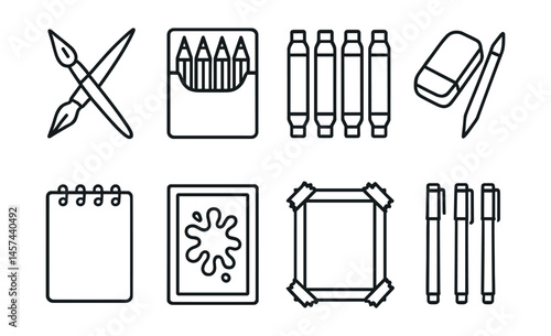 Line style icons of traditional fan art supplies: ink pen and brush, colored pencil box, alcohol markers row, eraser and blending stump, sketchpad spiral top, paint splash card, tape border for art,