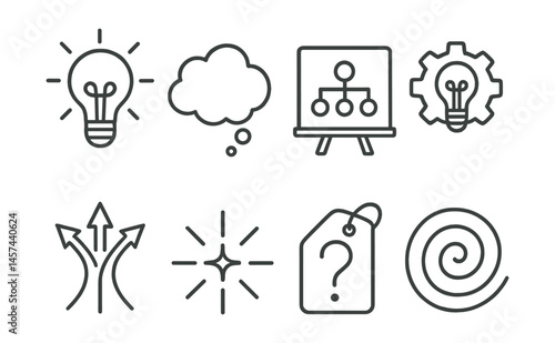 Line style icons of creative thinking tools: idea lightbulb, thought cloud, mind map board, creative process gear, brainstorming arrows, spark icon, “what if” tag, imagination swirl.