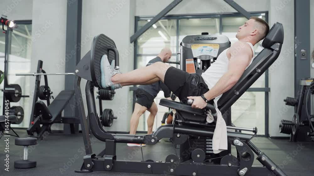 Gym junkie working out on leg press machine while instructor exercises in background under bright modern gym lighting showing focused strength, powerful form and effort during lower body workout Gym junkie working out on leg press machine while instructor exercises in background under bright modern gym lighting showing focused strength, powerful form and effort during lower body workout