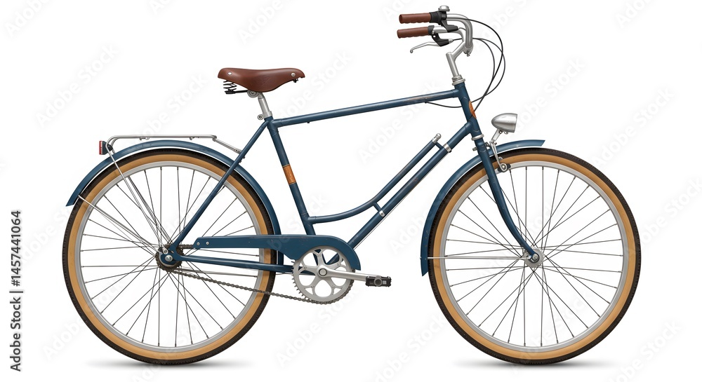 Fototapeta premium A side view of a blue bicycle with brown seat and tires on a white background in a studio setting