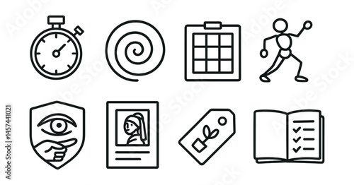 Line style icons of drawing practice routines: daily sketch timer, warm-up spiral icon, grid practice board, timed pose icon, eye-hand coordination badge, master study page, draw from life tag,