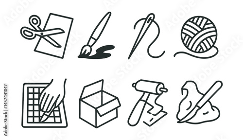 Line style icons of hands-on creative activities: scissors and paper, paintbrush stroke, sewing needle icon, knitting yarn ball, printmaking roller, cutting mat board, fold-and-glue craft, clay
