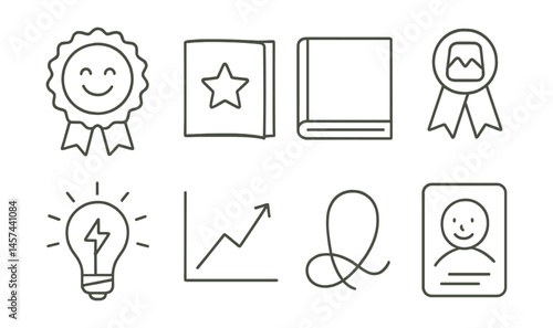 Line style icons of drawing motivation and joy: “I drew today” badge, finished page star, sketchbook progress bar, favorite drawing ribbon, creative breakthrough lightbulb, improvement graph,