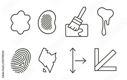 Line style icons of painting mistakes and fixes: muddy color spot, overworked area patch, fix with white gesso icon, unwanted drip trail, accidental smudge, paint chip flake, proportion correction
