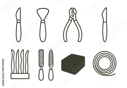 Line style icons of sculpture tools: sculpting knife, loop tool, wire cutter, modeling spatula, wooden tool set, rasps and files, sponge block, armature wire.