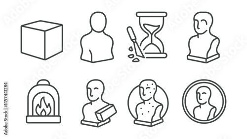 Line style icons of clay sculpture stages: clay block start, rough form model, detail carving icon, drying phase hourglass, kiln firing icon, sanding pass symbol, patina layer, finished sculpture
