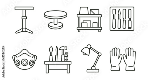 Line style icons of sculptor’s workspace: sculpting stand, rotating turntable, material shelf, tool rack, dust mask icon, workbench with tools, lighting arm, safety gloves.