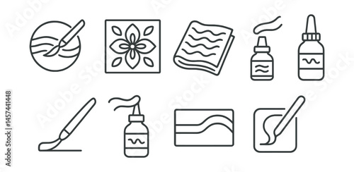 Line style icons of ceramic surface decoration: carving lines tool, sgraffito effect badge, stamping pattern block, texture press cloth, resist wax bottle, underglaze painting brush, inlay channel,