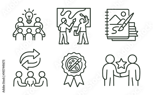 Line style icons of collaborative residency projects: group brainstorm table, mural collaboration board, mixed media stack, collective sketchbook, idea swap arrows, team critique circle, co-authored